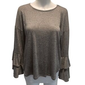 Bobeau M Gray Ruffle Sleeve Knit Top Boho Chic Soft‎ Lightweight Everyday Basic